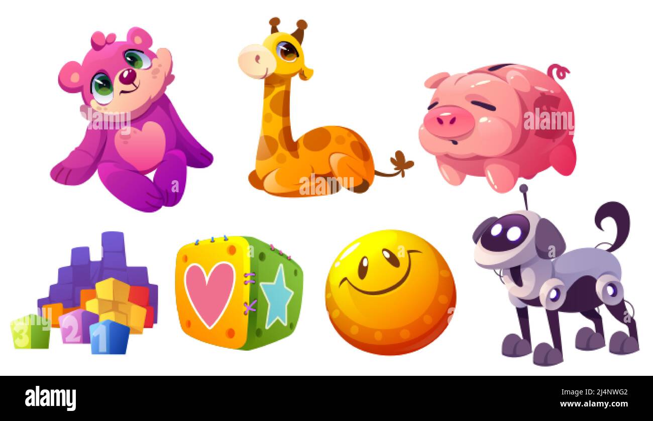 Kids toys, plush animals, ball, blocks, piggy bank and dog robot. Vector  cartoon set of cute soft bear and giraffe, pig money box, mechanical puppy  an Stock Vector Image & Art -