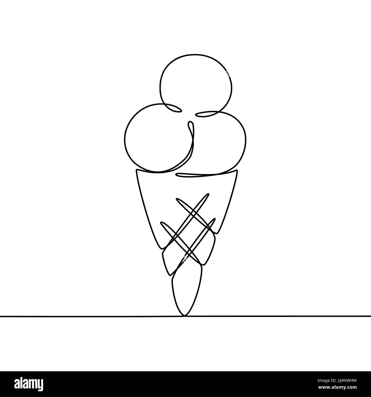 One line drawing of ice cream balls in waffle cone. Vector illustration