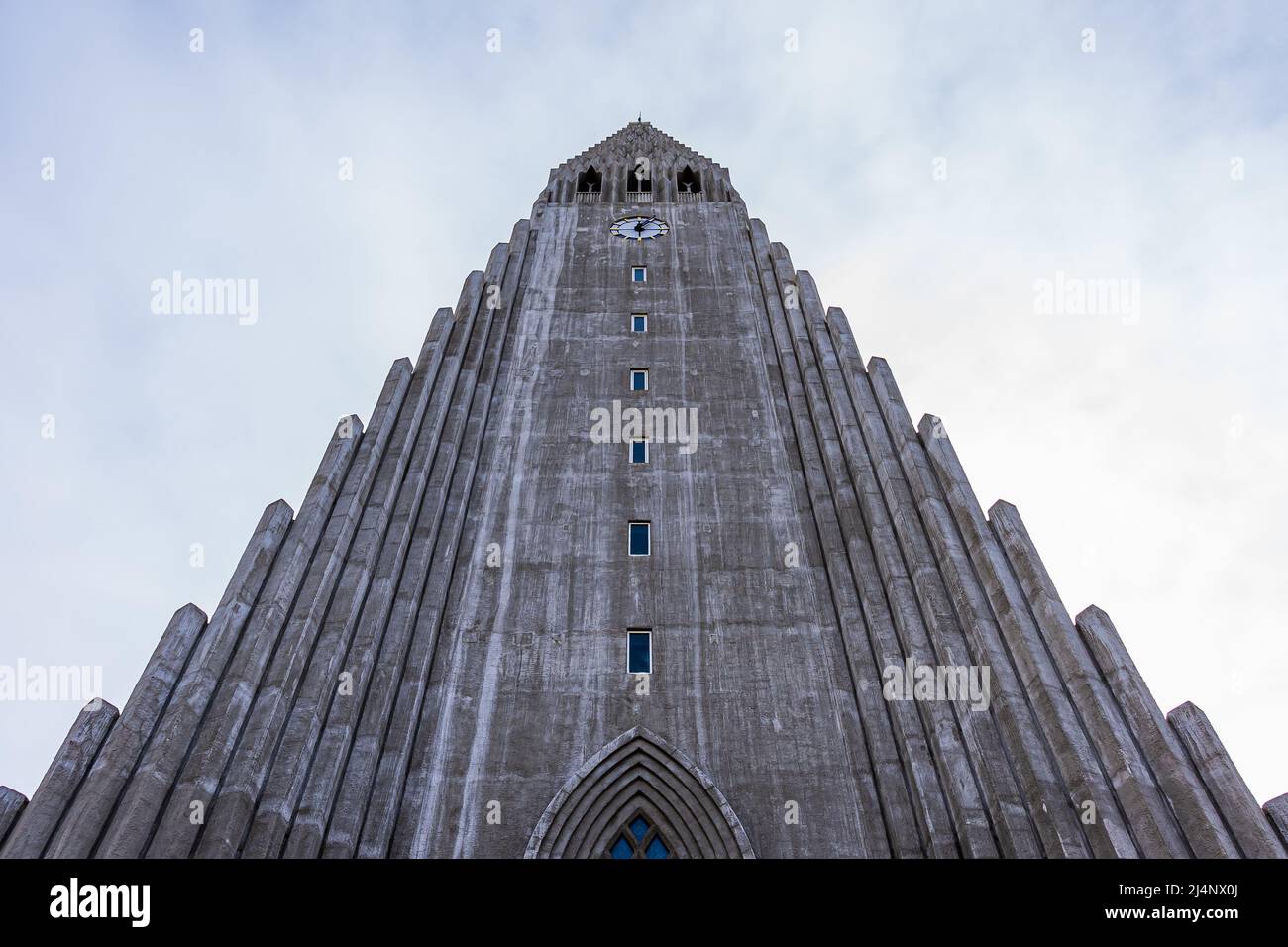 Beautiful aerial footage of the Icelands capital Reykjavik, the Cathedral of Hallgrimskirkja and Beautiful city Stock Photo