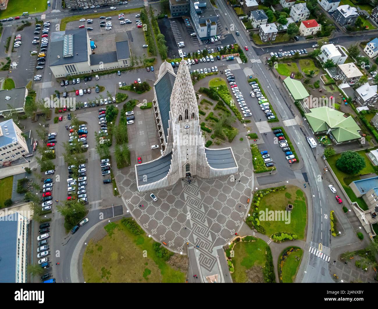 Beautiful aerial footage of the Icelands capital Reykjavik, the Cathedral of Hallgrimskirkja and Beautiful city Stock Photo