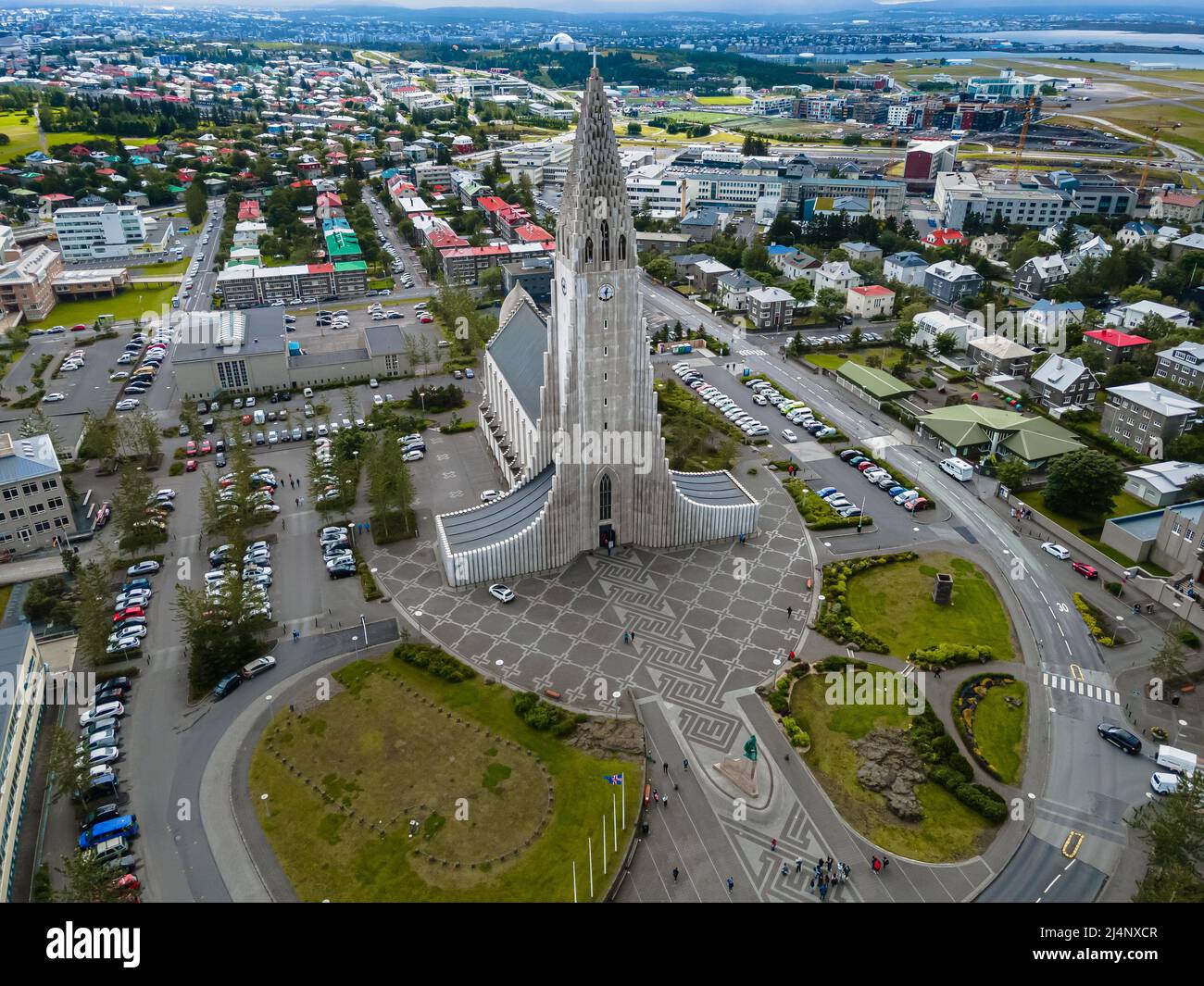 Beautiful aerial footage of the Icelands capital Reykjavik, the Cathedral of Hallgrimskirkja and Beautiful city Stock Photo