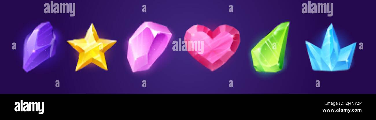 Precious gems, crystal stones in shape of heart, star, triangle and crown. Vector cartoon set of shiny color gemstones, topaz, amethyst, quartz. Game Stock Vector