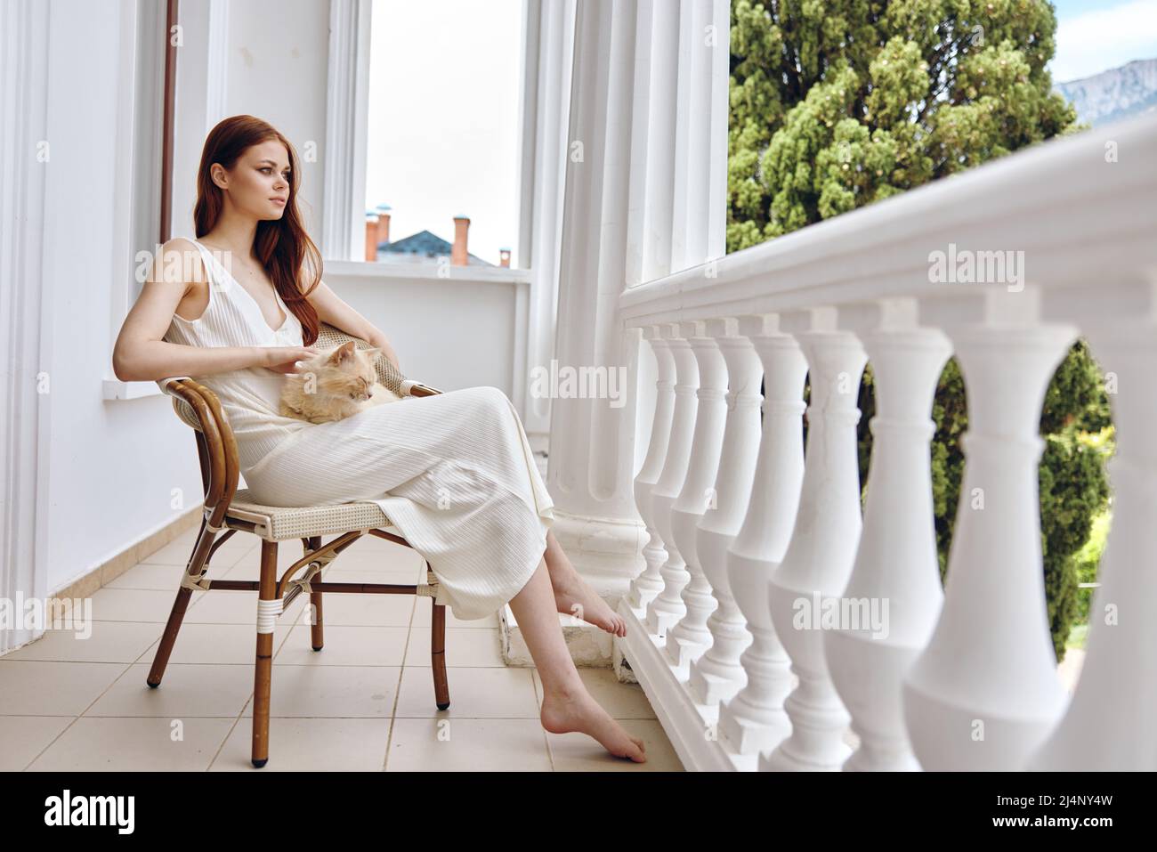 Woman in white dress sitting on the terrace with a cat Happy female ...
