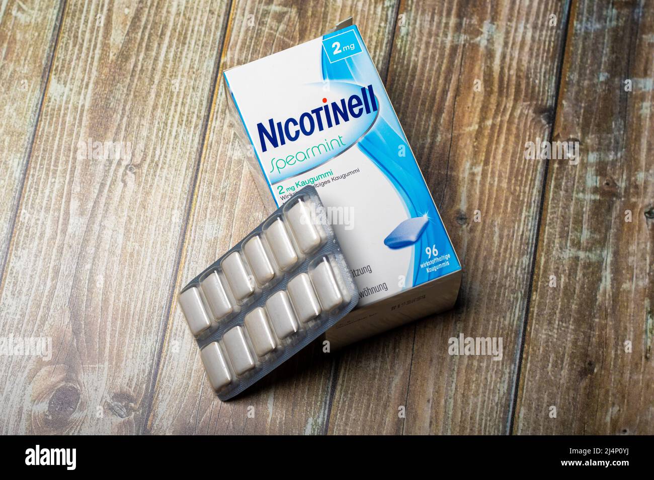 Neckargemuend, Germany: March 05, 2022: Smoking cessation brand 'Nicotinell' nicotine gum packaging and blisters Stock Photo