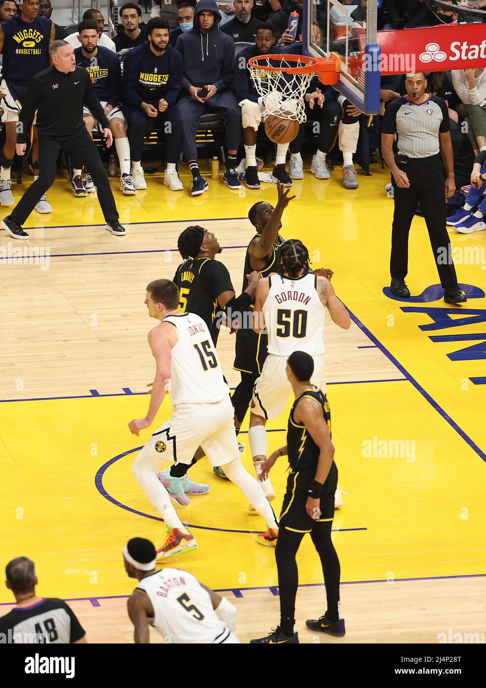 Chase Centre, CA, 16th April 2022: Devon Reed of Denver Nuggets takes a point amid tensed moment. Credit: Seshadri SUKUMAR/Alamy Live News Stock Photo