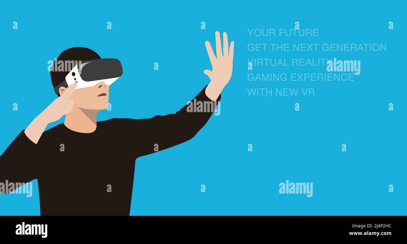 Man wearing VR Virtual Reality glasses, hands up, touching the screen, doing data analysis, Future technology concept. Stock Vector