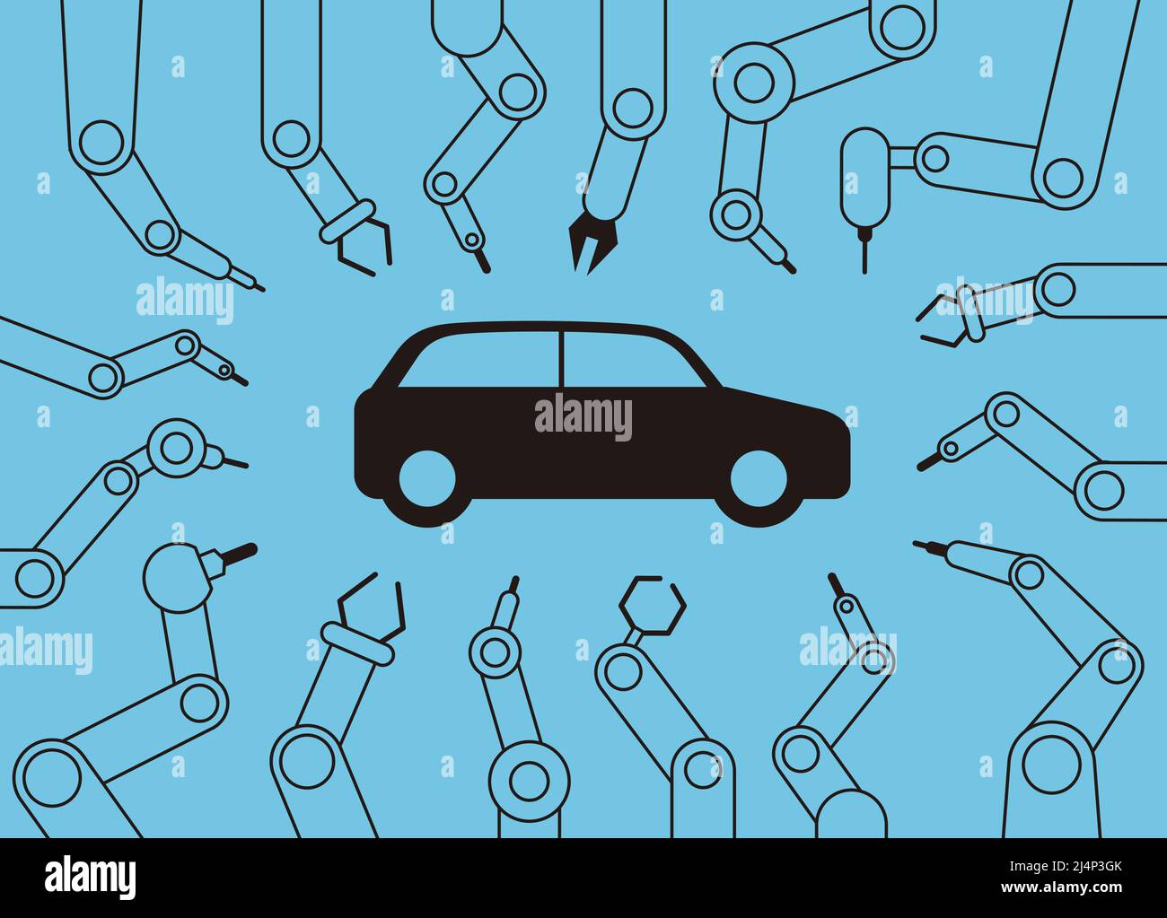 Robot machine arms get together focus on the car, Automatic factory, vector illustration Stock Vector