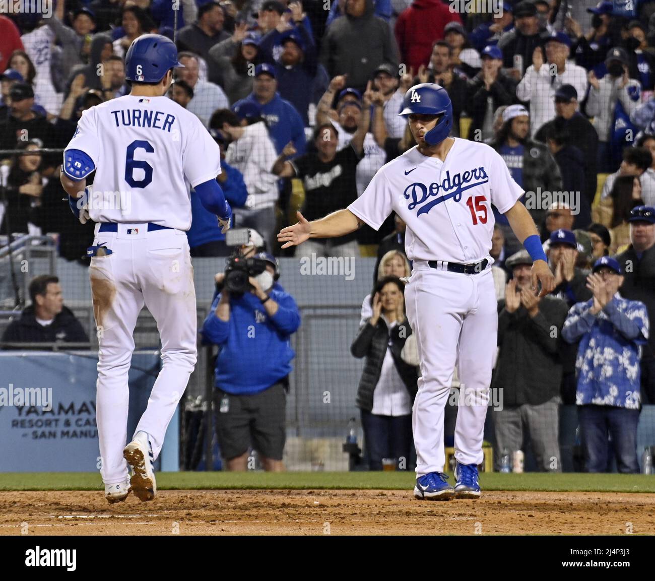 Los Angeles United States 16th Apr 22 Los Angeles Dodgers Shortstop Trea Turner 6 Celebrates With Teammate Austin Barnes 15 After Hitting A Two Run Homer Off Cincinnati Reds Starting Pitcher Hunter Greene Los Angeles United States 16th Apr 22 Los Angeles Dodgers Shortstop Trea Turner 6 Celebrates With Teammate Austin Barnes 15 After Hitting A Two Run Homer Off Cincinnati Reds Starting Pitcher Hunter Greene
