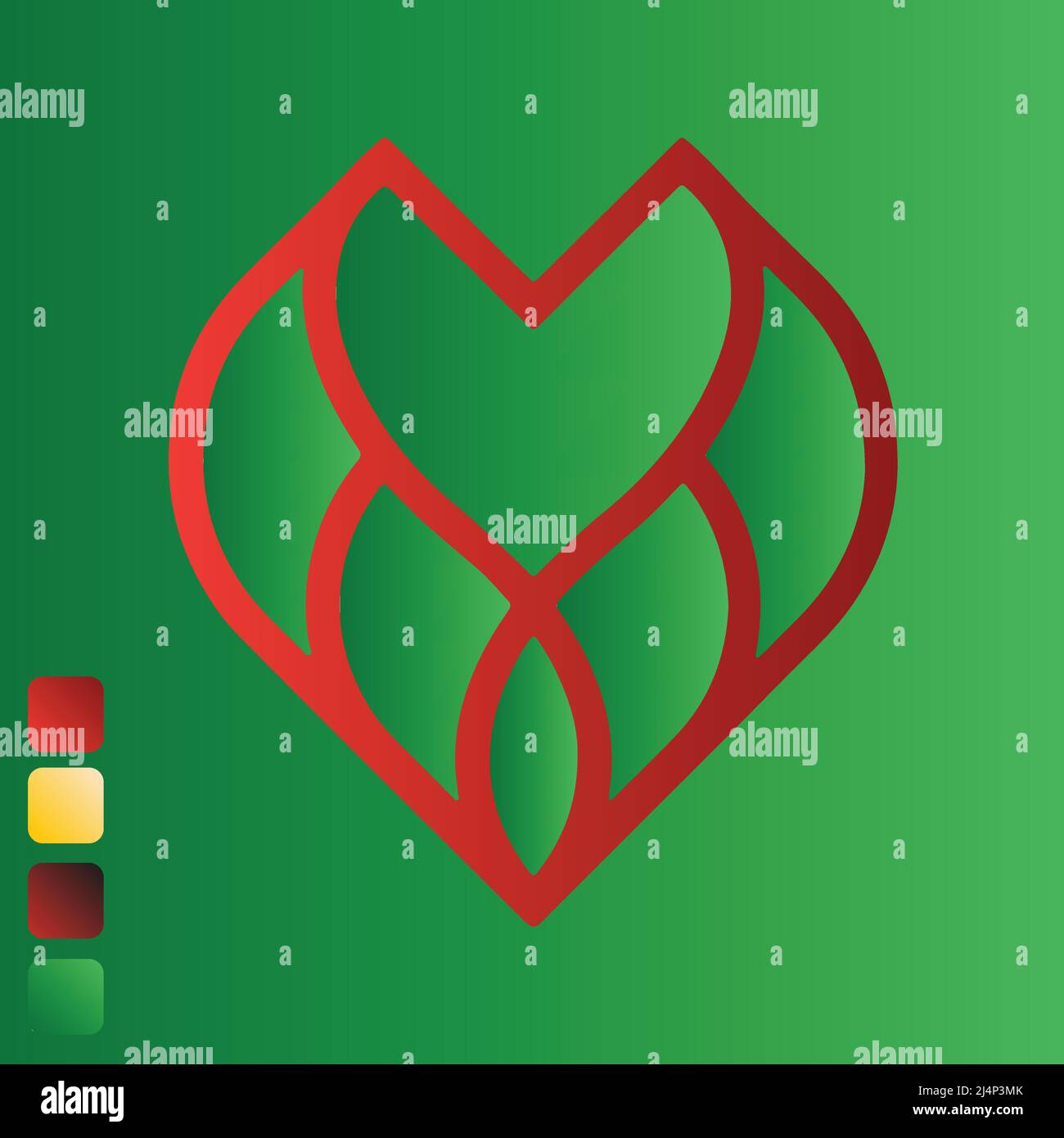 Yellow, red and green gradients heart on a green isolated background. Vector illustration. Stock Vector