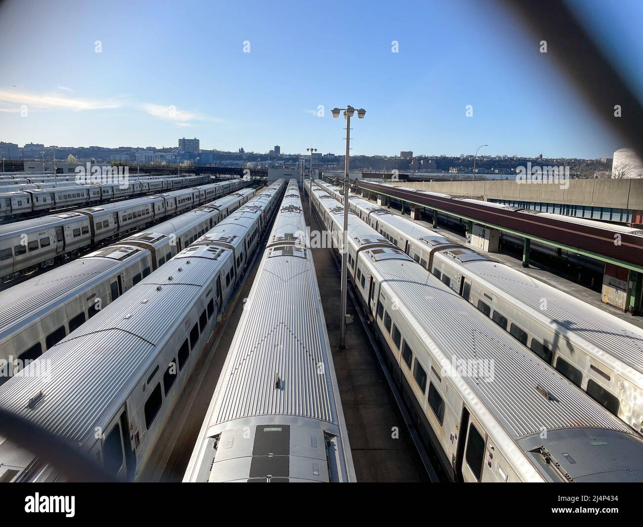 trains parking at west side yard with clear blue sky Stock Photo Alamy