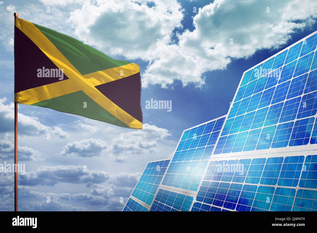 Jamaica solar energy, alternative energy industrial concept with flag fight with global