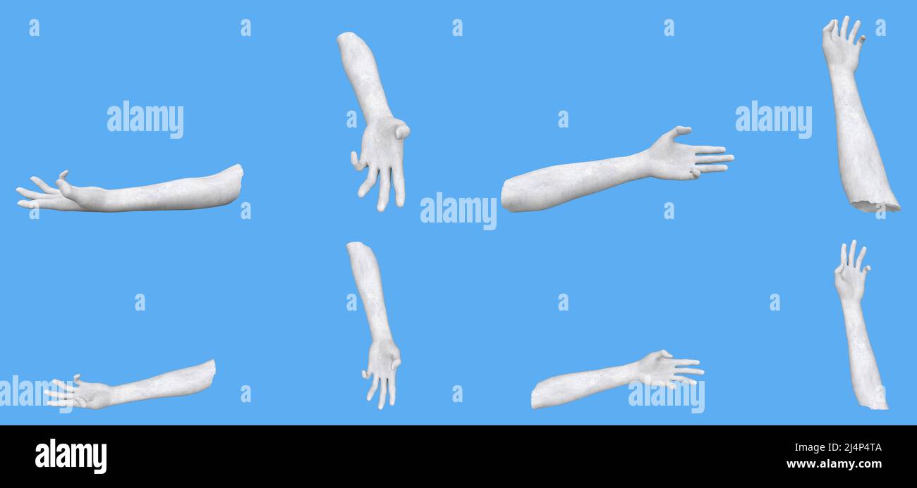 8 white concrete statue hand renders isolated on blue, lights and shadows distribution example for artists or painters - 3d illustration of objects Stock Photo