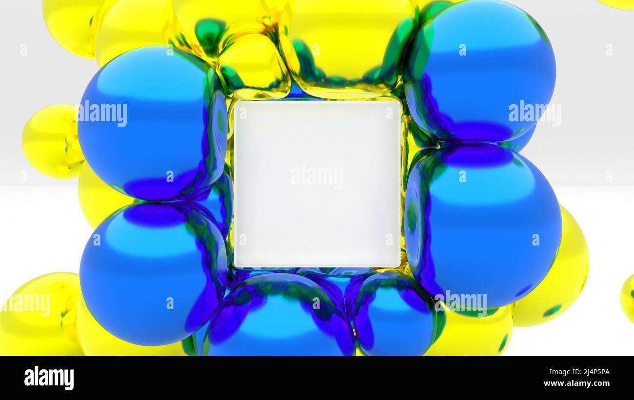 Soft metal balls Ukrainian colors spheres collided on white back 3d