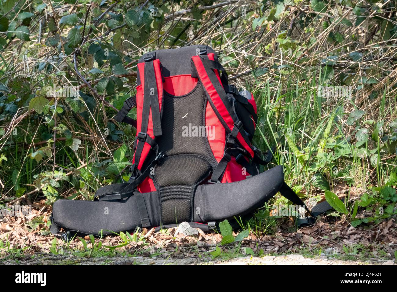 black and red ruck sack abandoned in countryside against grass and undergrowth background Stock Photo