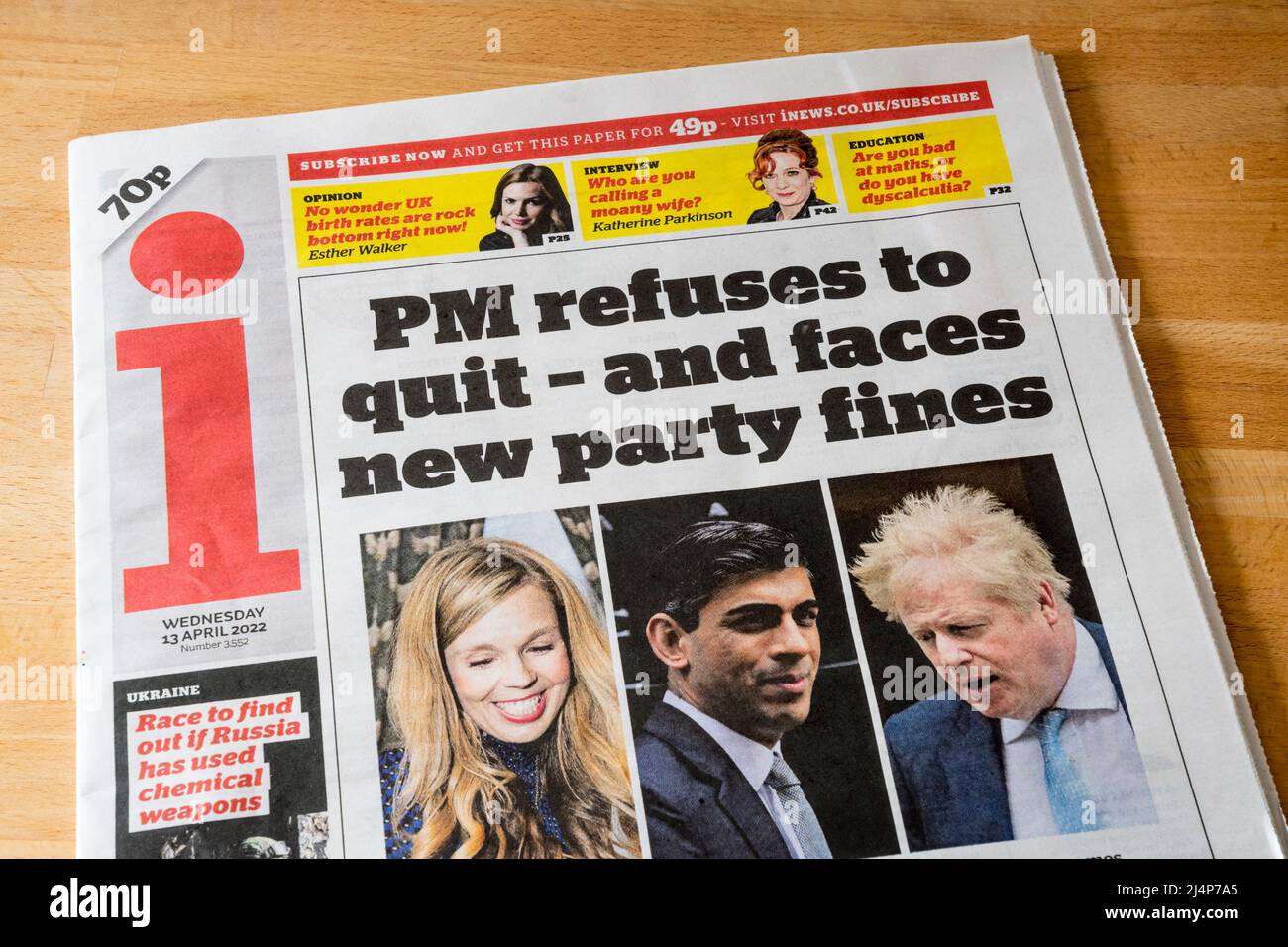 Headline in i newspaper of 13 April reads PM refuses to quit - and faces new party fines. Stock Photo