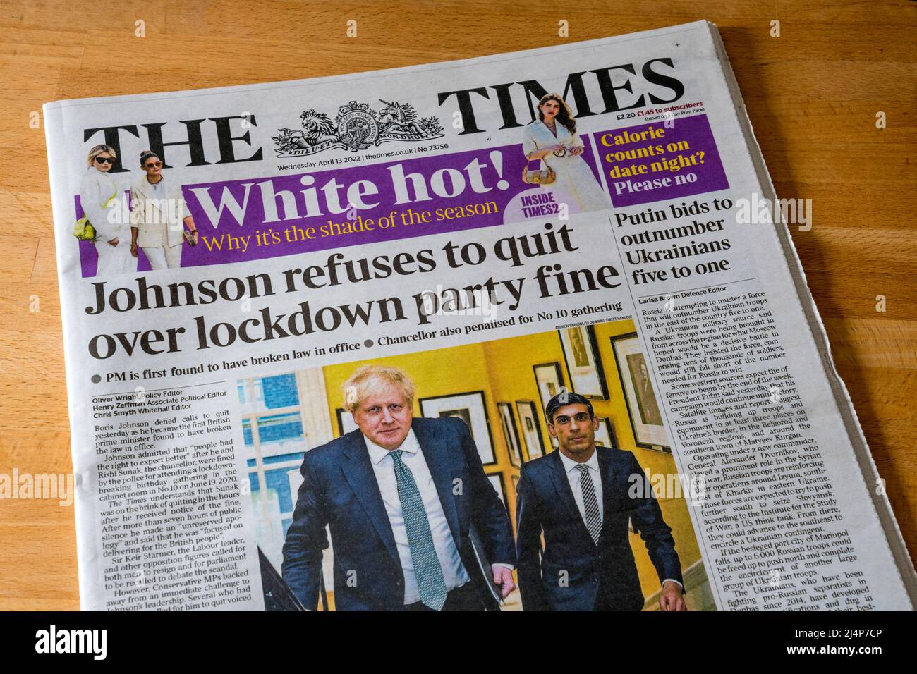 Times headline of 13 April reads Johnson refuses to quit over lockdown party fine. Stock Photo