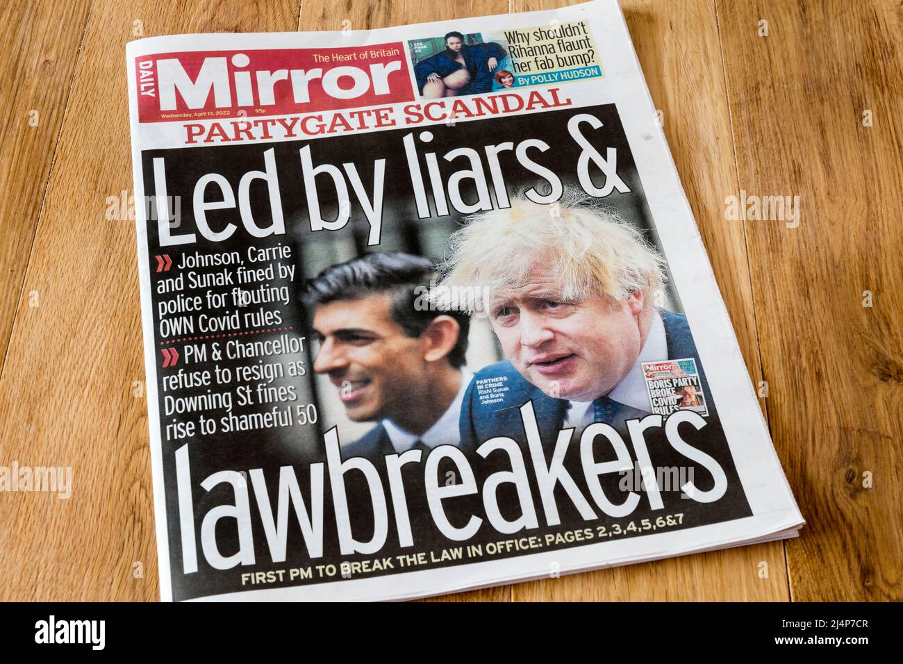Daily Mirror headline of 13 April reads Led by liars & lawbreakers.  Response to Johnson being fined over parties during COVID lockdown. Stock Photo