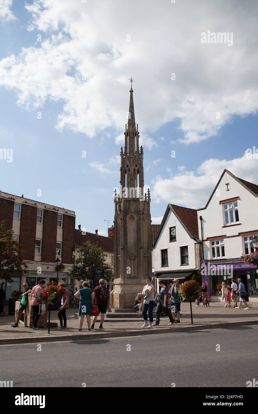 Views of shoppers on Market Place in Glastonbury, Somerset in the UK Stock Photo