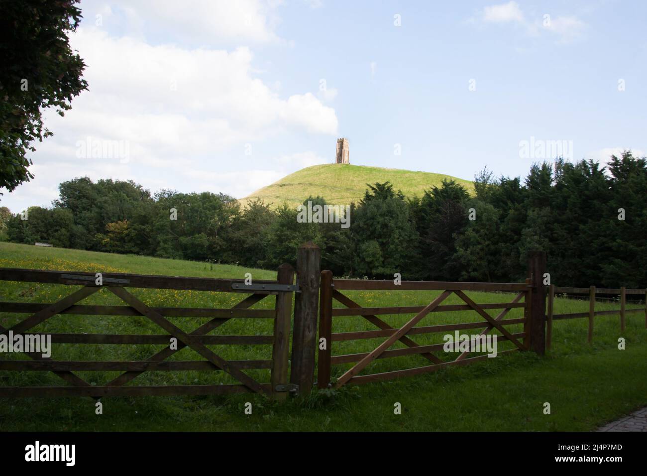 Views of countryside in Glastonbury including the Glastonbury Tor in Somerset in the UK Stock Photo