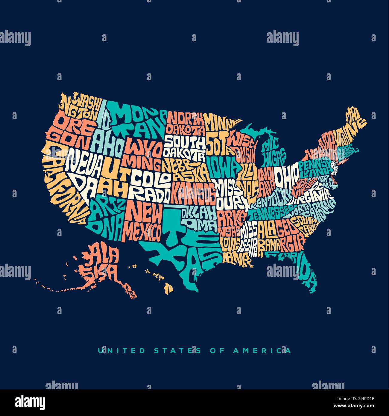 USA map typography. United States of America map typography art. Stock Vector
