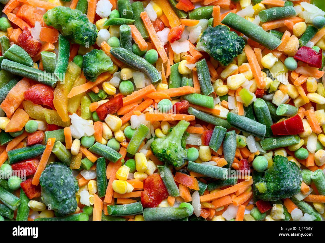 Frozen vegetable mixture of carrots, corn, peas, legume, broccoli