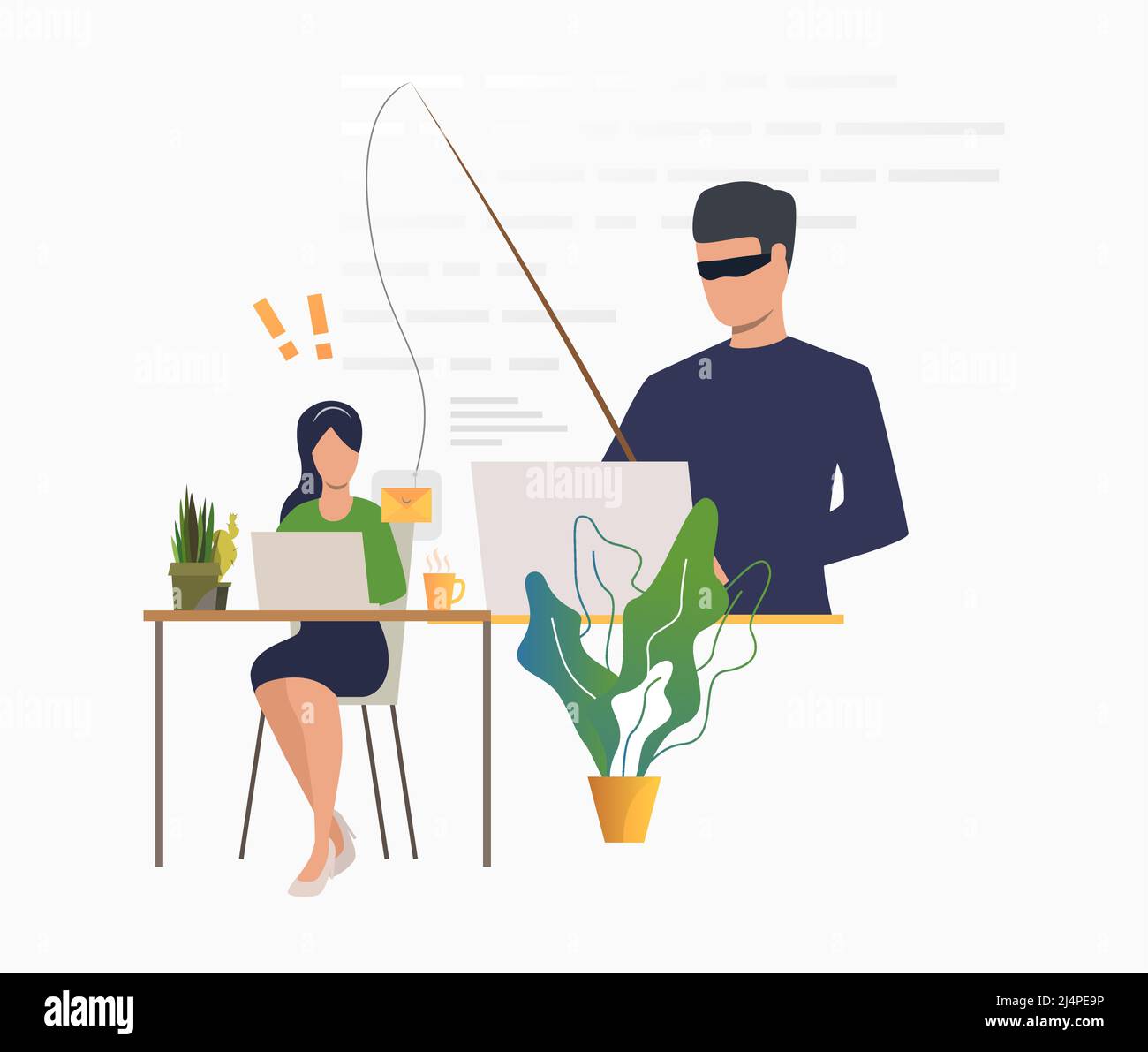 Cyber criminal hacking into email server. Burglar holding fishing tackle with hooked envelope. Cybercrime concept. Vector illustration can be used for Stock Vector