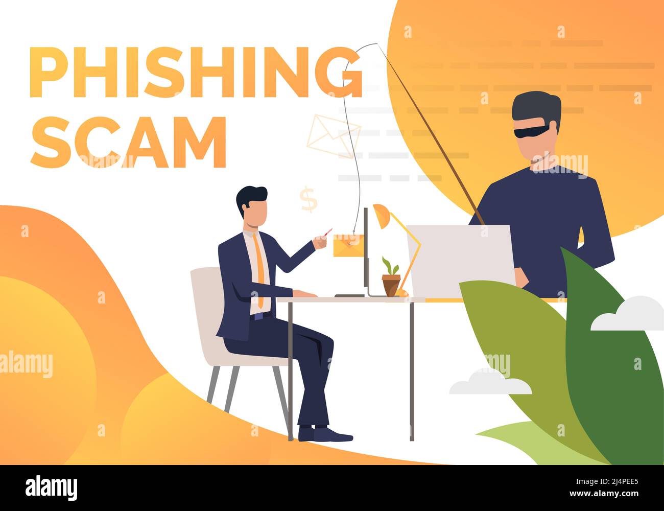 Phishing scam poster template. Scammer hacking into corporate email server. Hacker attack concept. Vector illustration can be used for banners, presen Stock Vector
