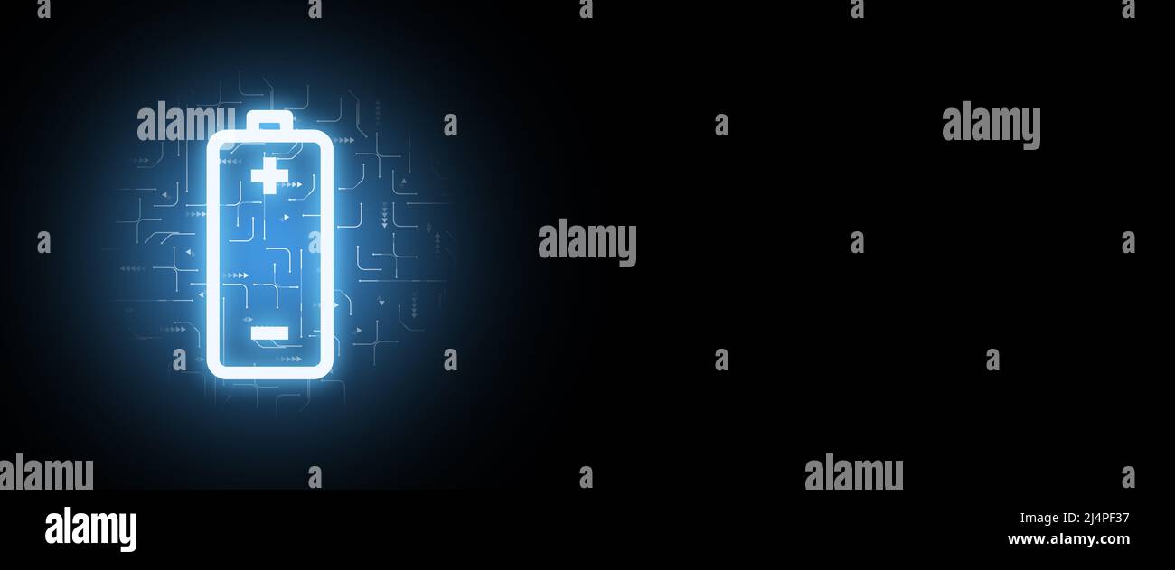Battery sign with plus and minus sign in the form of a hologram with copy space. Stock Photo