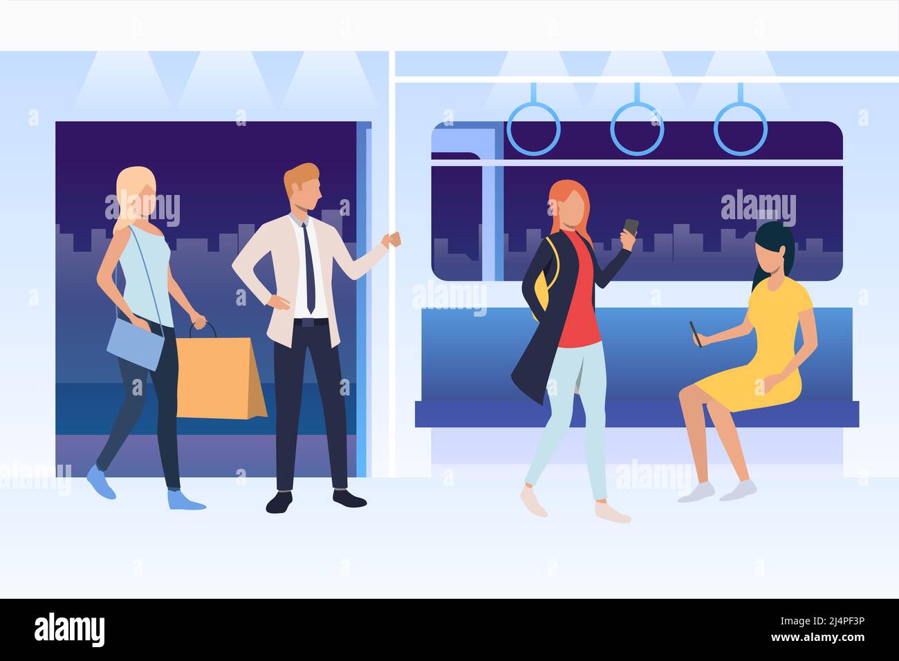 People sitting and standing in subway train. Passengers using smartphones, holding bags. Public transport concept. Vector illustration can be used for Stock Vector