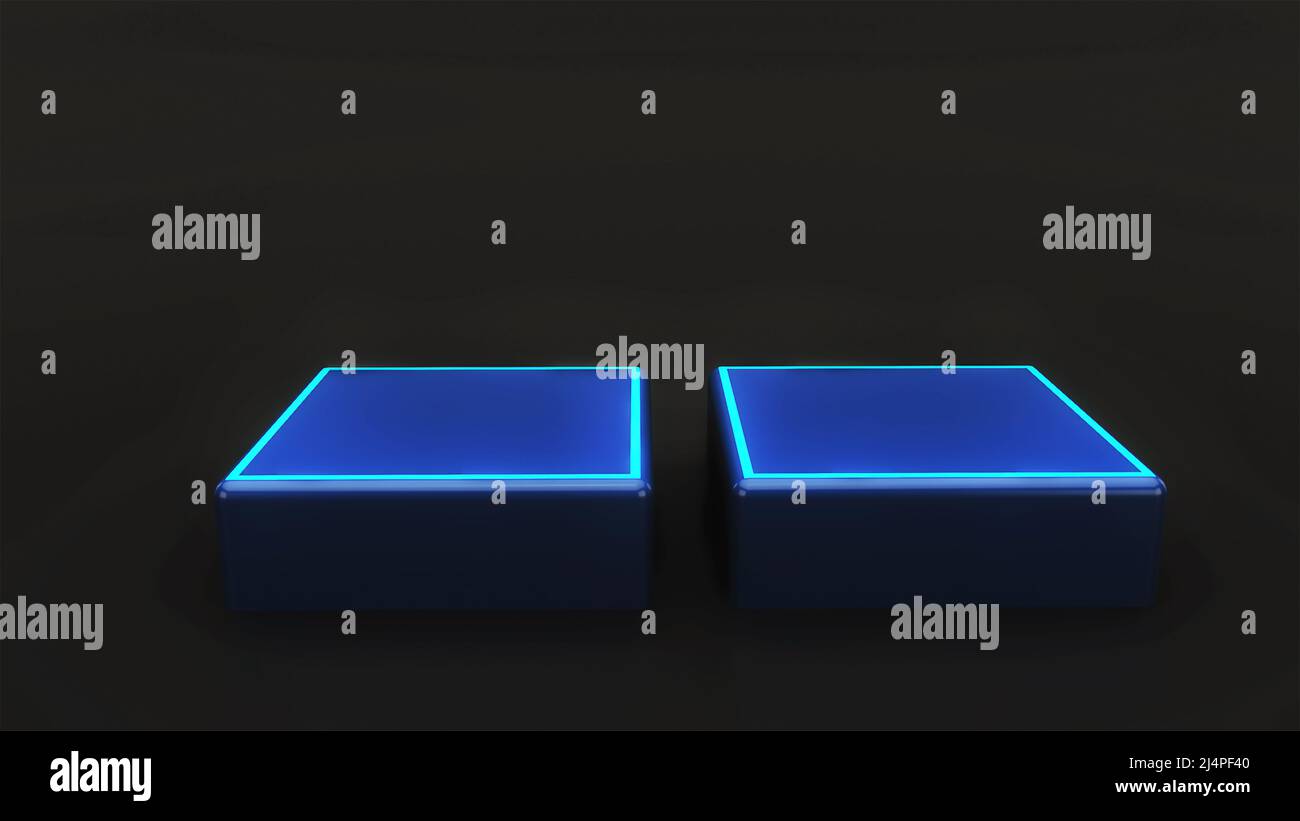 3d rendering square product display podium with neon light effect ...