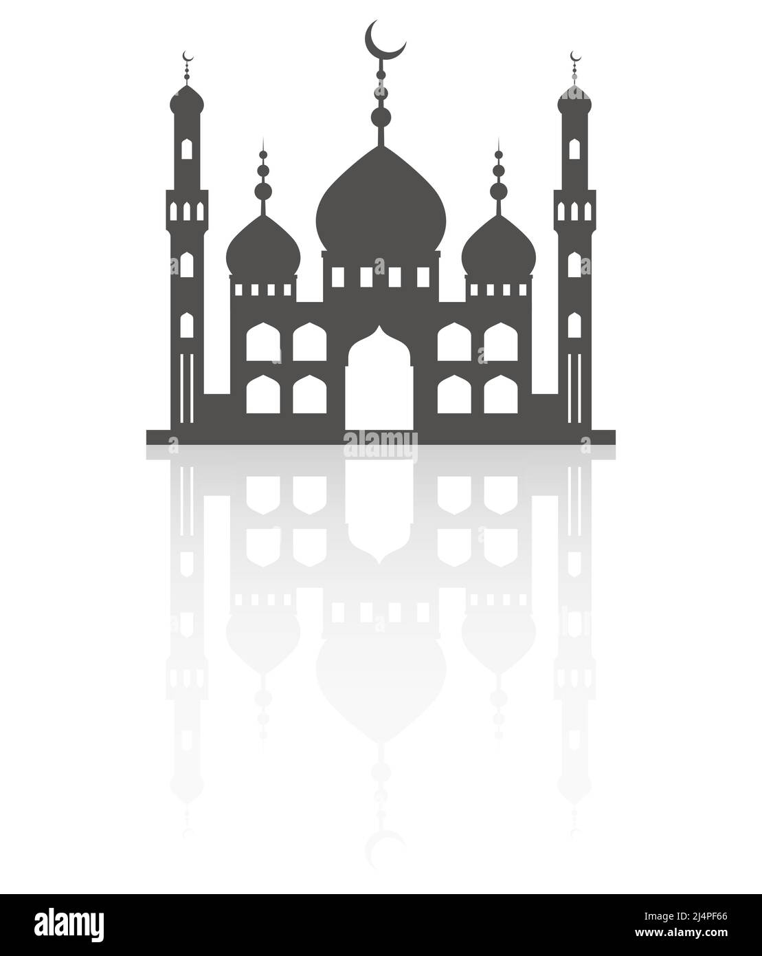 Mosque with minarets on skyline. Islamic architecture silhouette. Istanbul cityscape with reflection isolated on white background. Stock Vector