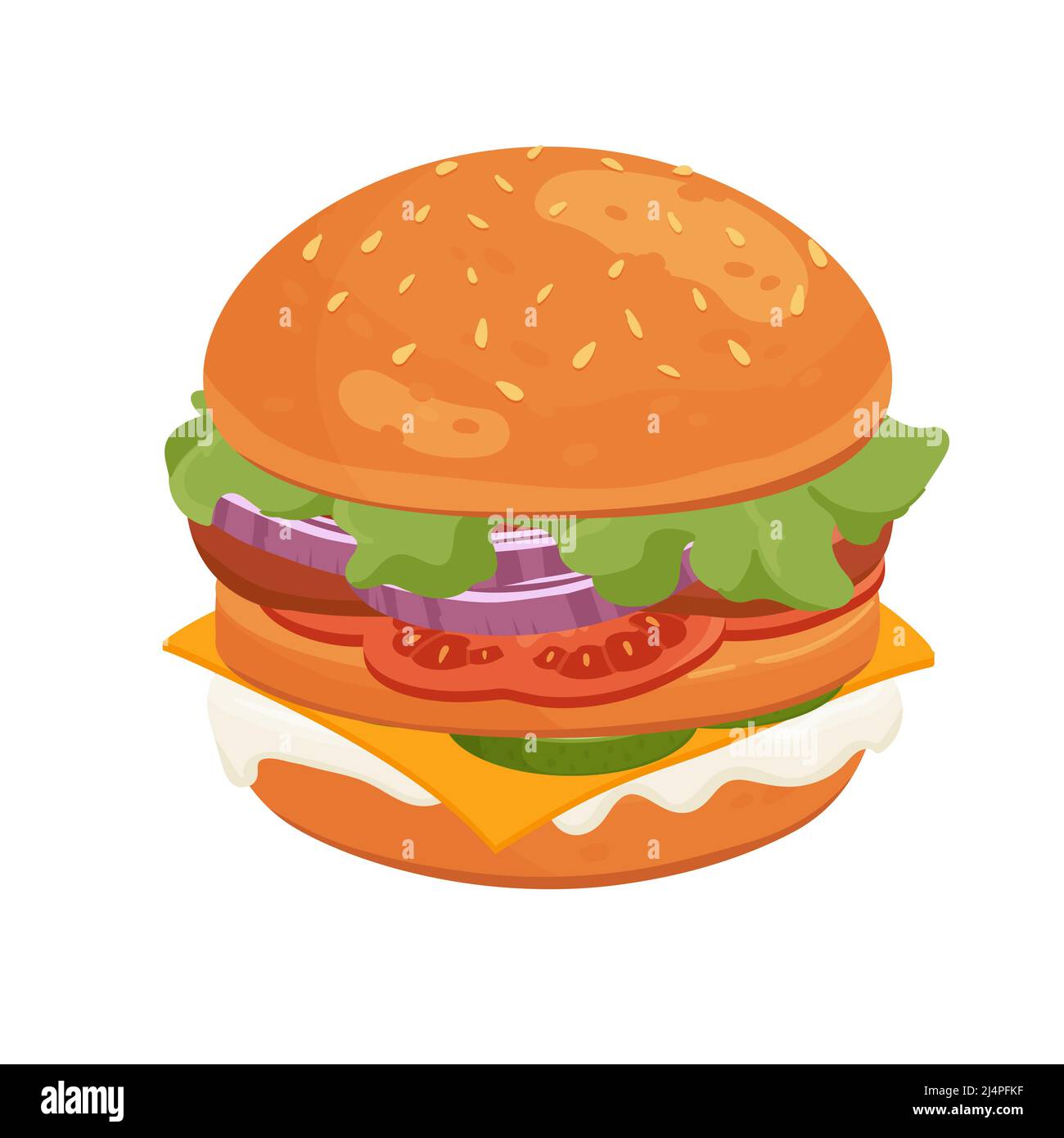 Delicious big hamburger with sesame seeds. American street fast food takeaway meal cartoon vector illustration Stock Vector
