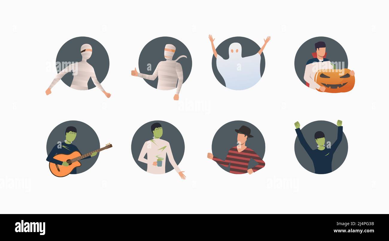 Set of people in Halloween costumes. Flat cartoon characters in gray ...