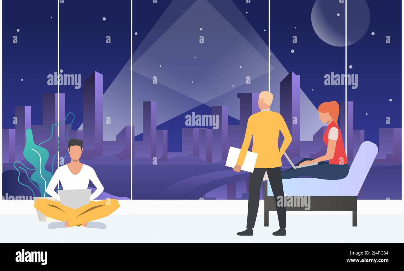 Team working on project in evening. People using laptops in evening. Internet connection concept. Vector illustration can be used for topics like tele Stock Vector