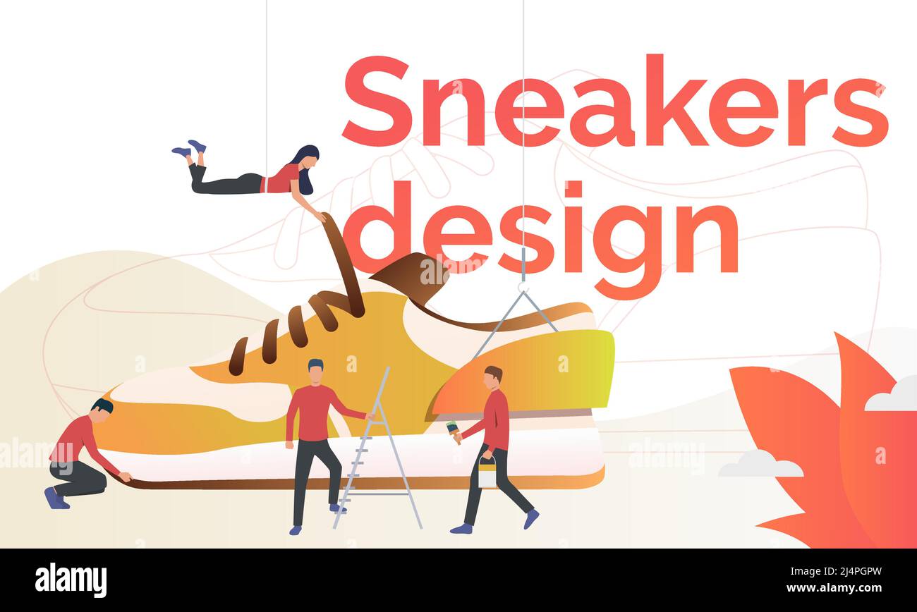 Sneakers design flyer template. Sport shoes designers working on new sneakers. Fashion concept. Vector illustration can be used for footwear productio Stock Vector