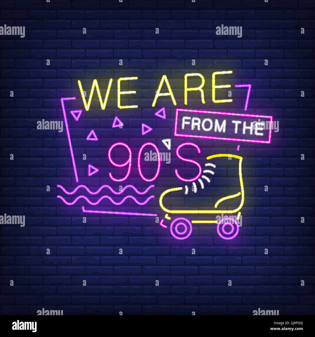 We are from nineties neon lettering with roller skate. Party and  entertainment design. Night bright neon sign, colorful billboard, light  banner. Vecto Stock Vector Image & Art - Alamy