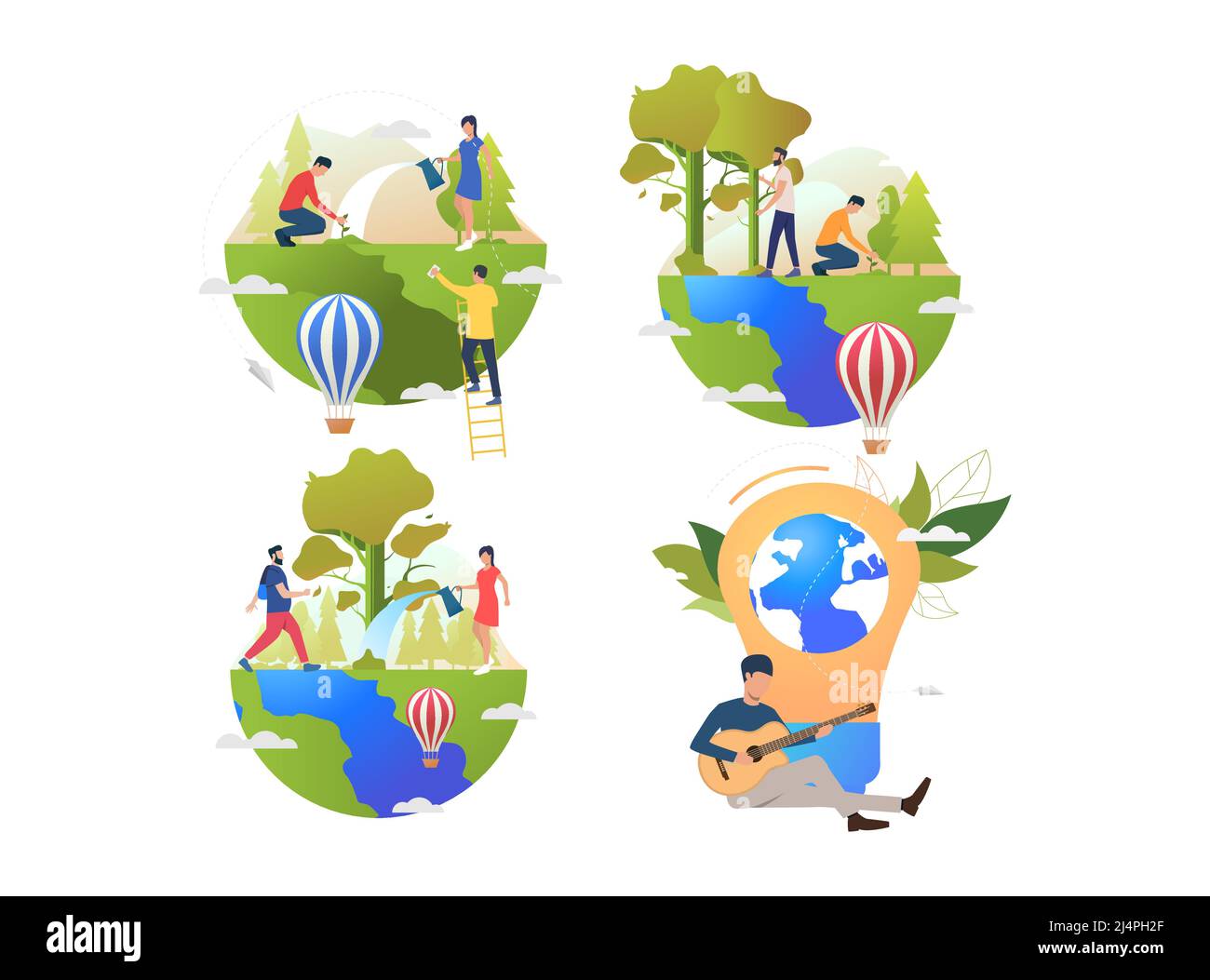 Collection of people taking care of Earth. Group of men and women watering plants and planting seedling. Flat colorful vector illustration for environ Stock Vector