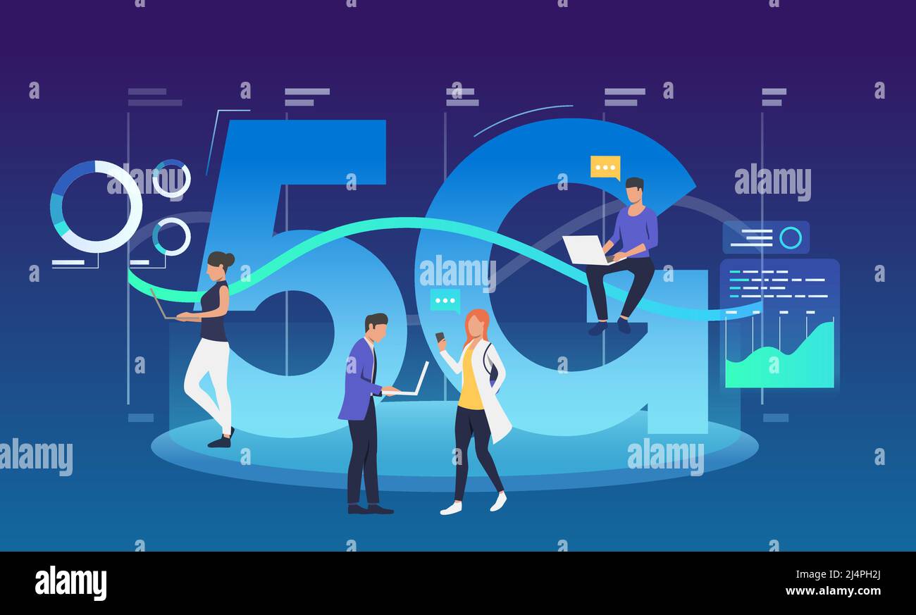 Employees with laptops using 5G Communication, fifth generation, discussion