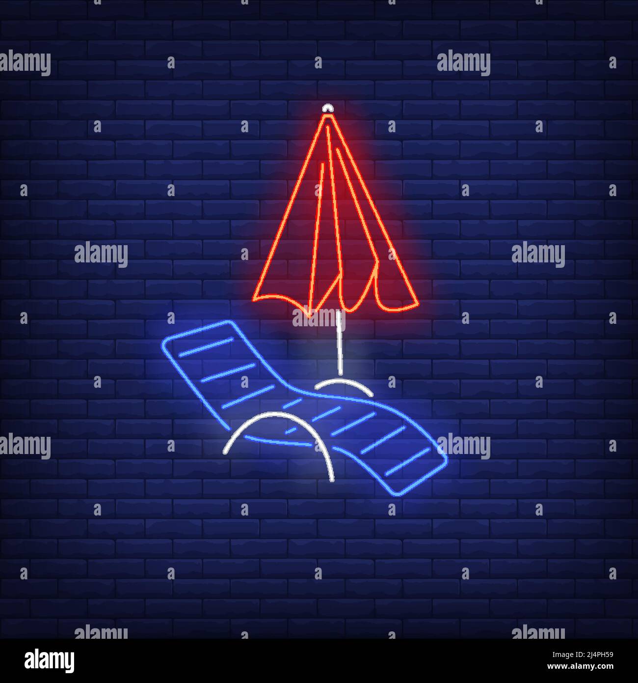 Chaise longue and beach umbrella neon sign. Summer, holiday, vacation, resort design. Night