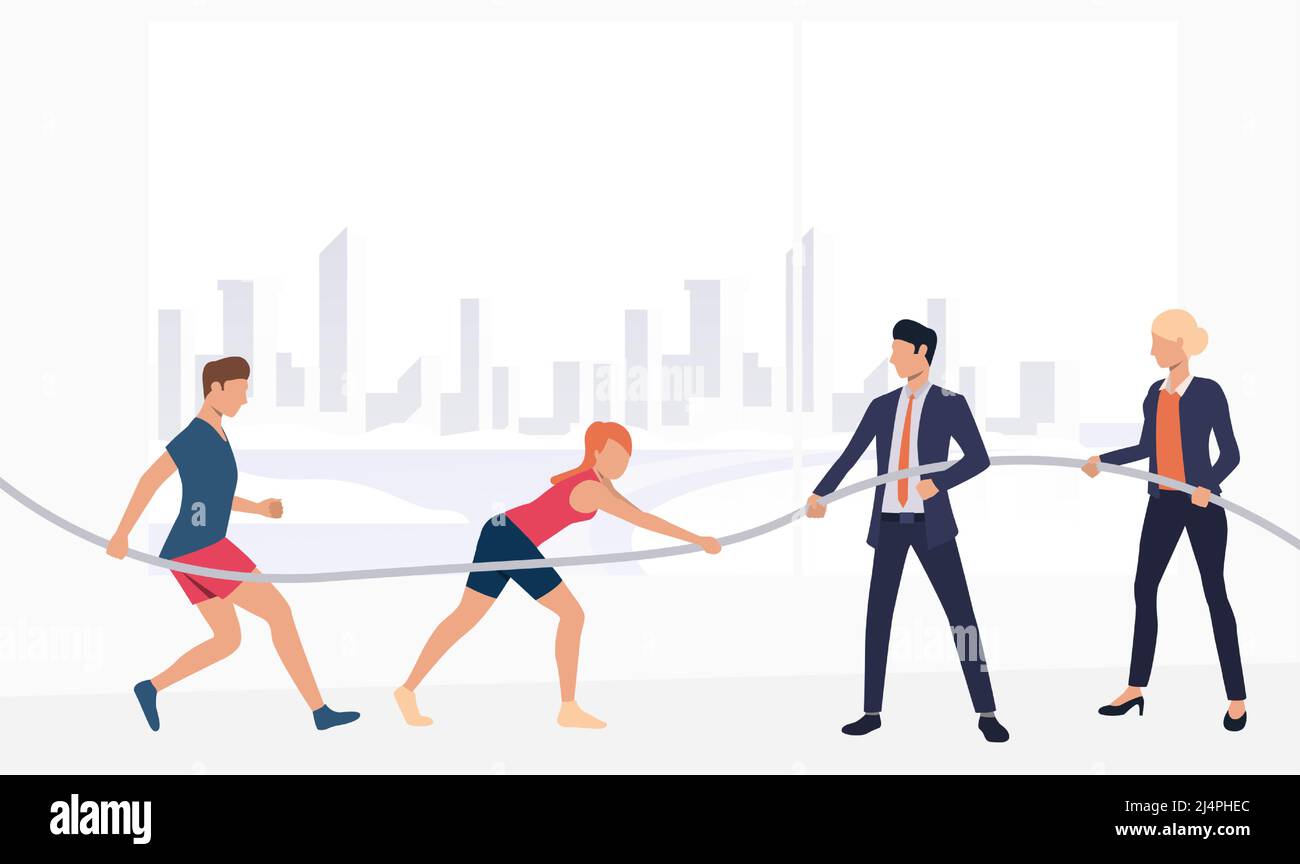 Sports people competing against business representatives. Male and female cartoon characters pulling on opposite ends of rope in city. Vector illustra Stock Vector