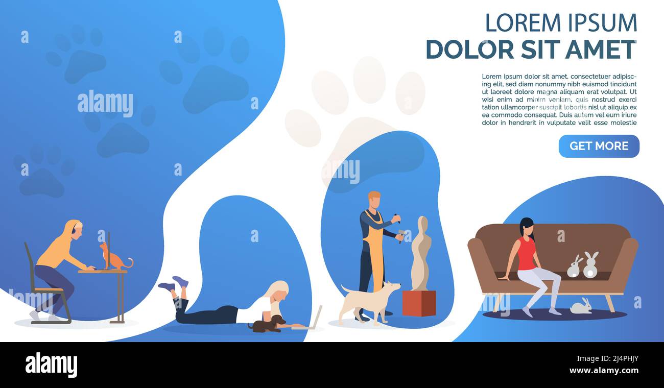 Cat, dogs and rabbits owners having leisure time. Fun, animal, friend concept. Presentation slide template. Vector illustration for topics like lifest Stock Vector