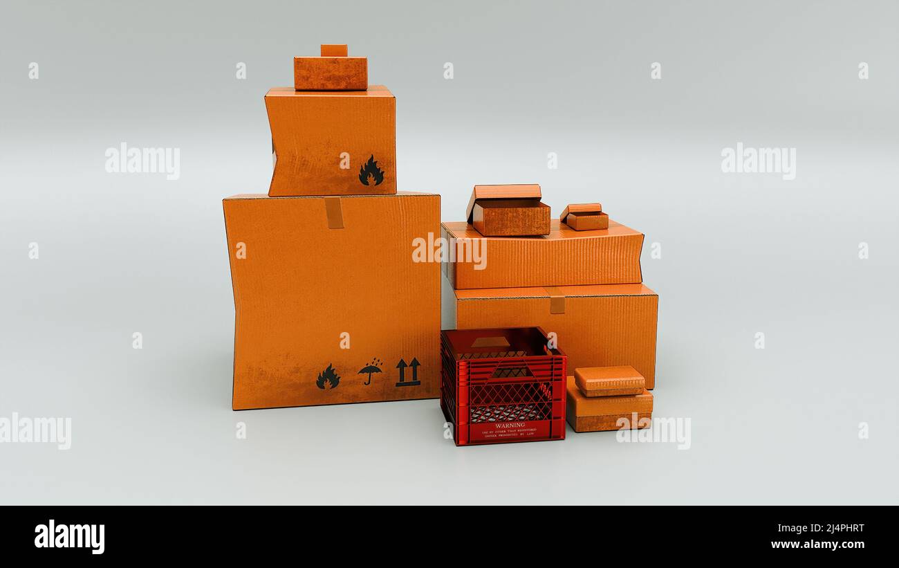 3d render Stacks of cardboard boxes isolated on white background Stock ...