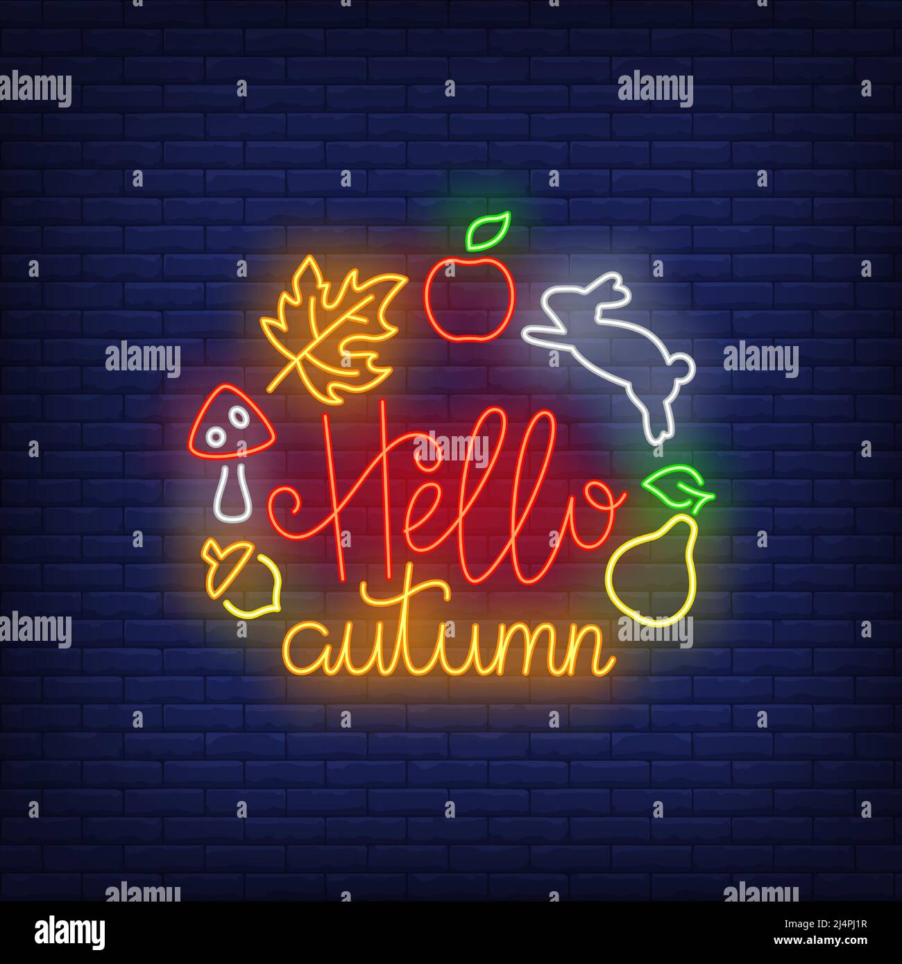 Hello autumn neon sign. Rabbit, fruit, mushroom, leaf, text sample on
