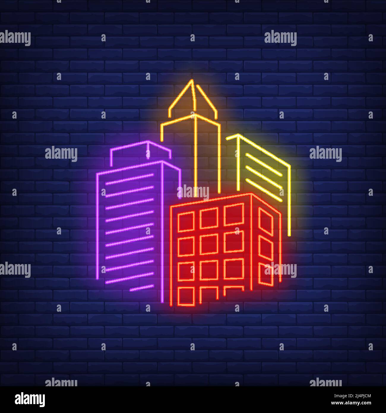 Bright city buildings neon sign. Architecture, downtown design. Night ...