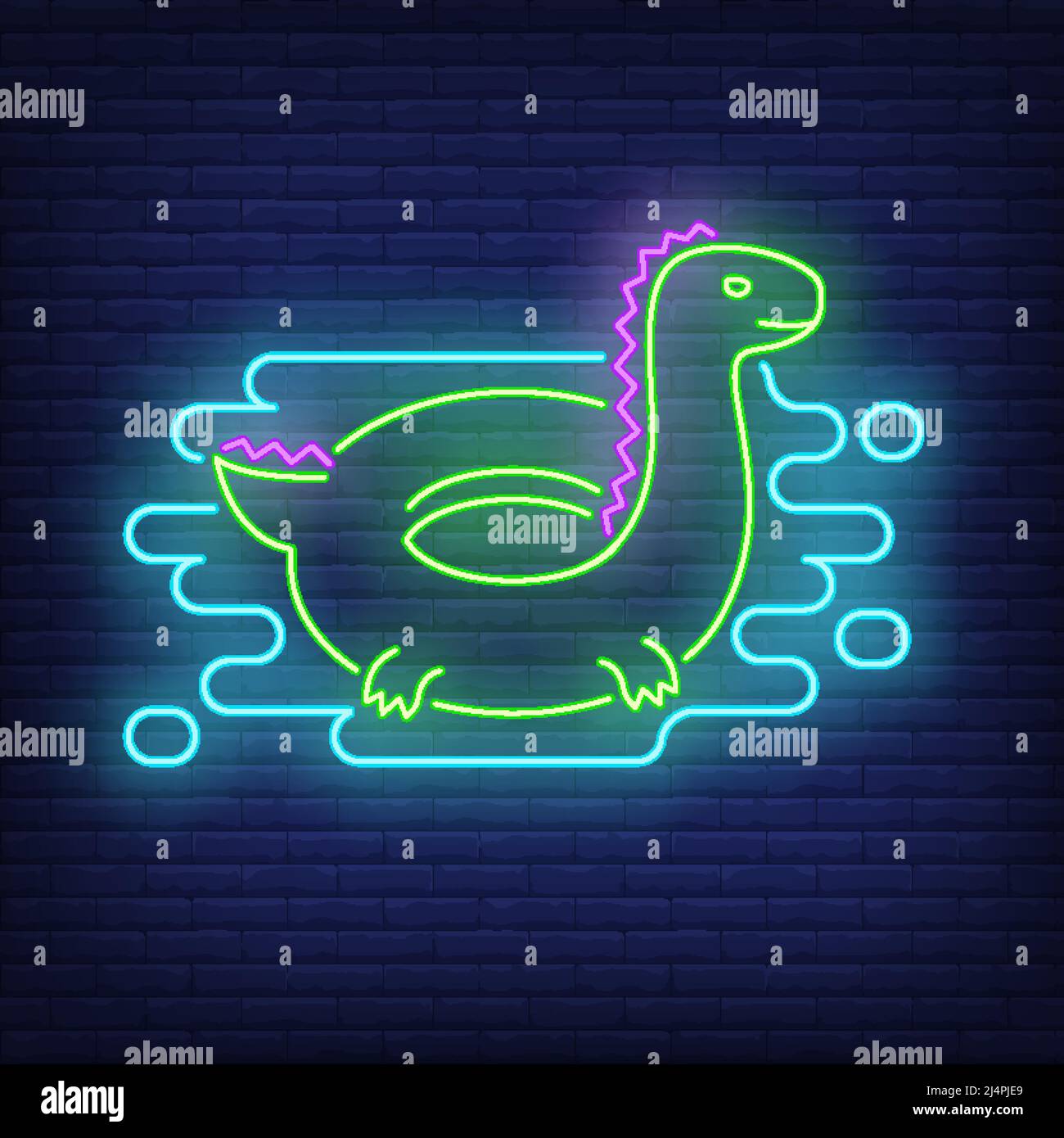 Dinosaur rubber ring neon sign. Swimming, water, safety. Inflatable toy