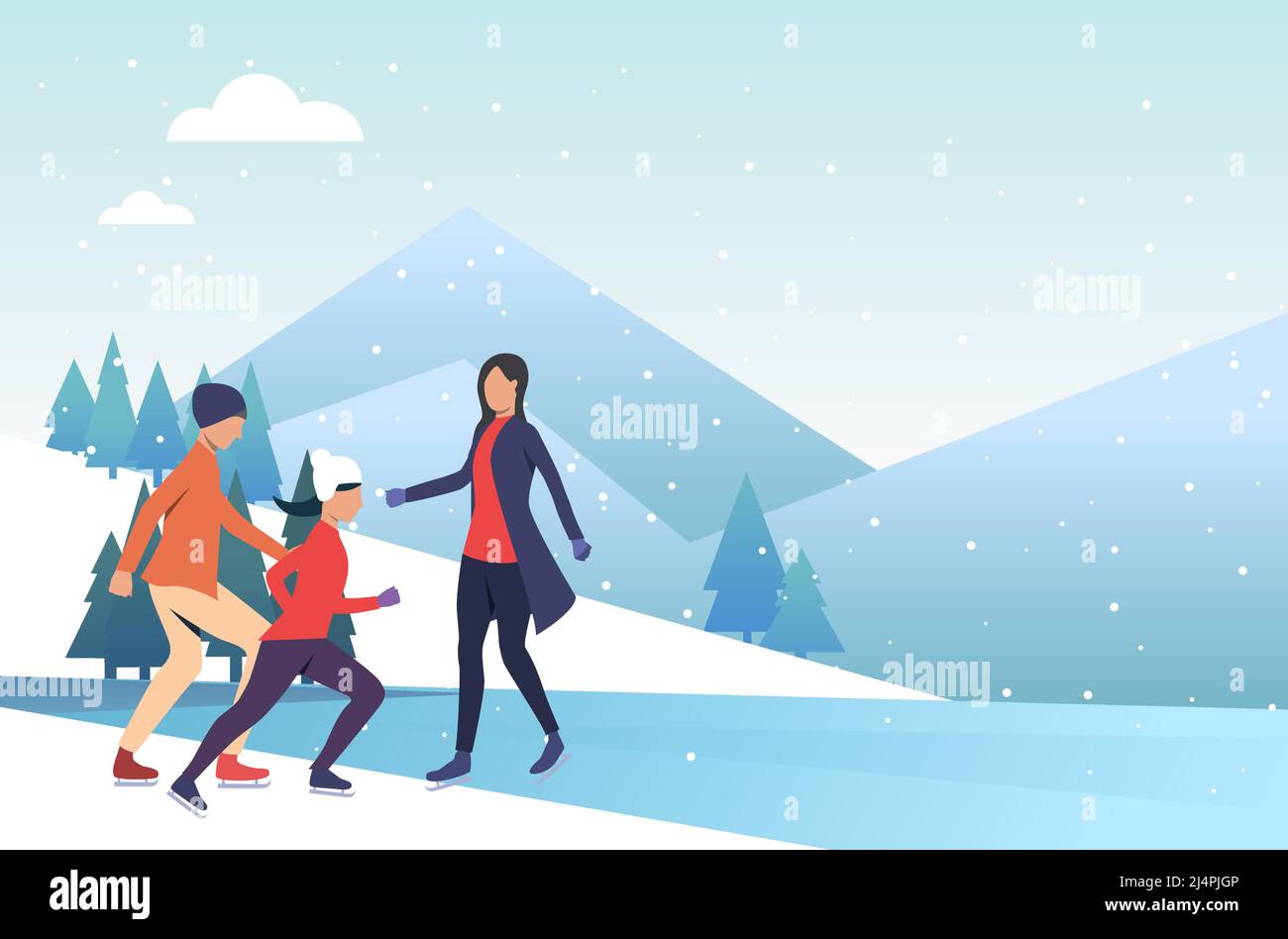 Family skating on frozen pond. Outdoors, parents, children, winter sports. New Year with family concept. Vector illustration can be used for presentat Stock Vector