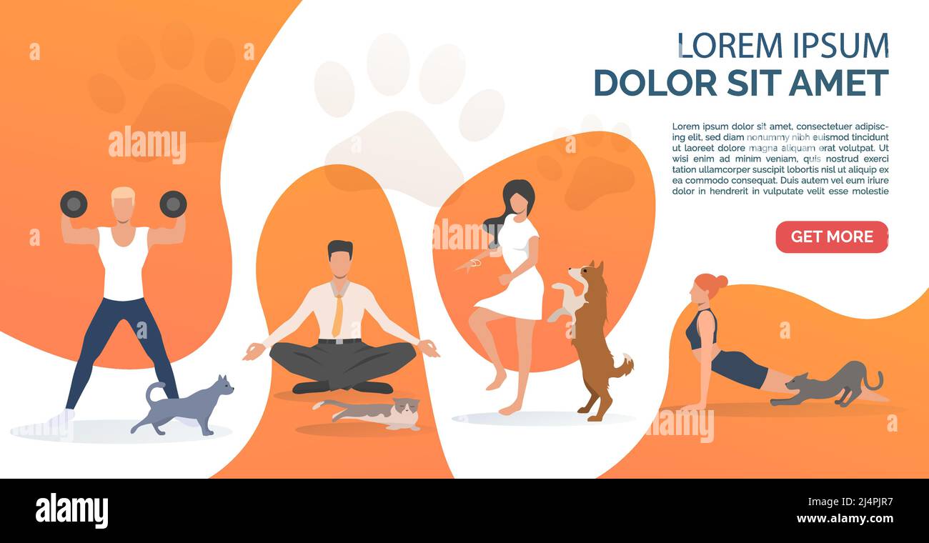 Dogs and cats owners training. Fun, animal, friend concept. Presentation slide template. Vector illustration for topics like lifestyle, pet care, spor Stock Vector