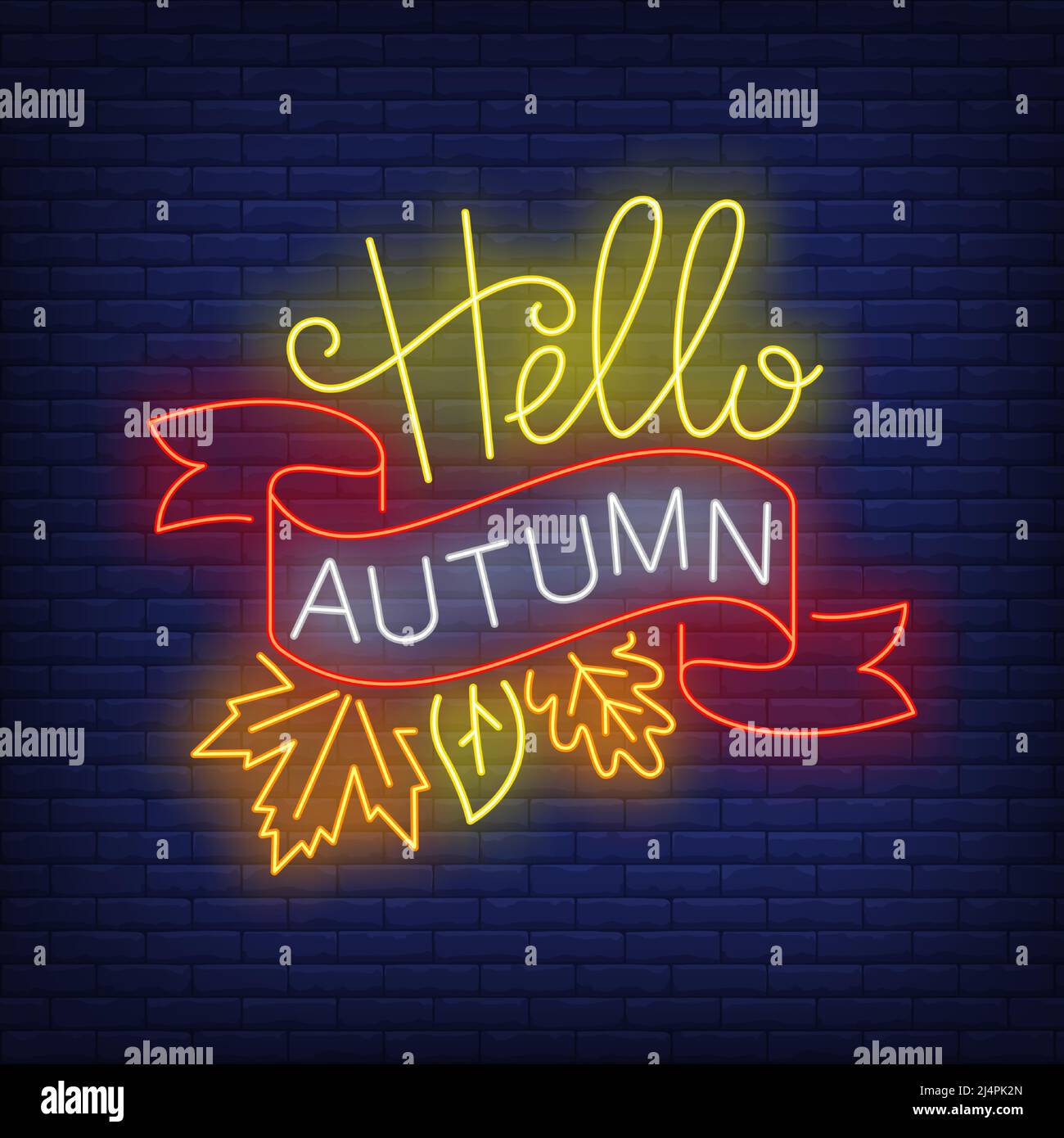 Hello autumn neon sign with ribbon and fall leaves. Text sample, oak