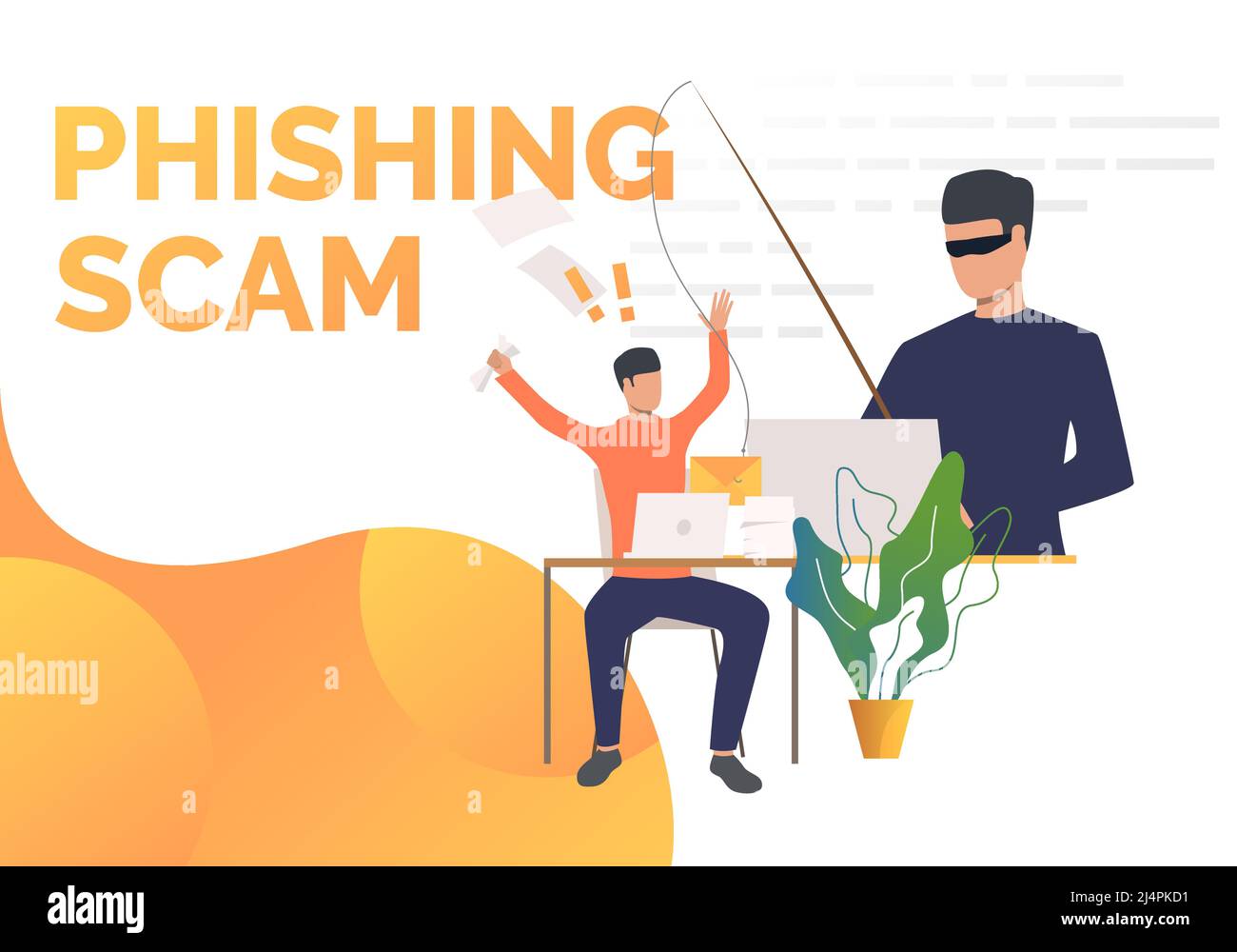 Phishing scam page template with burglar hacking into office email server. Hacker attack concept. Vector illustration can be used for landing, present Stock Vector