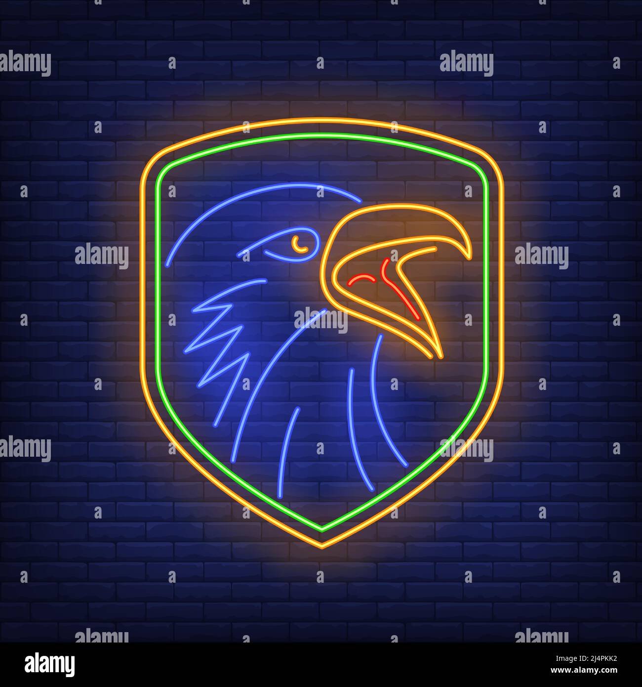 Shield with crow head neon sign. Bird, mystery, logo design. Night bright neon sign, colorful billboard, light banner. Vector illustration in neon sty Stock Vector